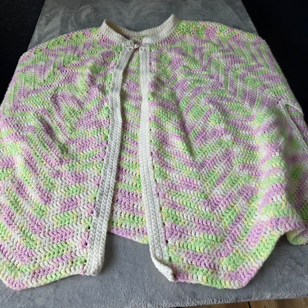 Hand Knit Crochet Sweater‎ Poncho Women OS Green Pink Cottagecore Granny
